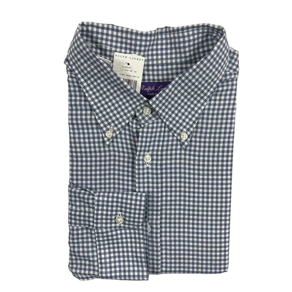 Ralph Lauren Purple Label Blue White Checked Mens Cotton Button Front 17.5 NWT